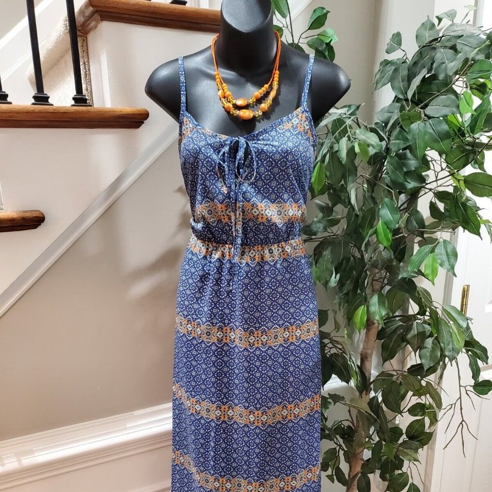 Peach Royal Blue & Orange Square Neck Sleeveless Casual Long Maxi Dress M